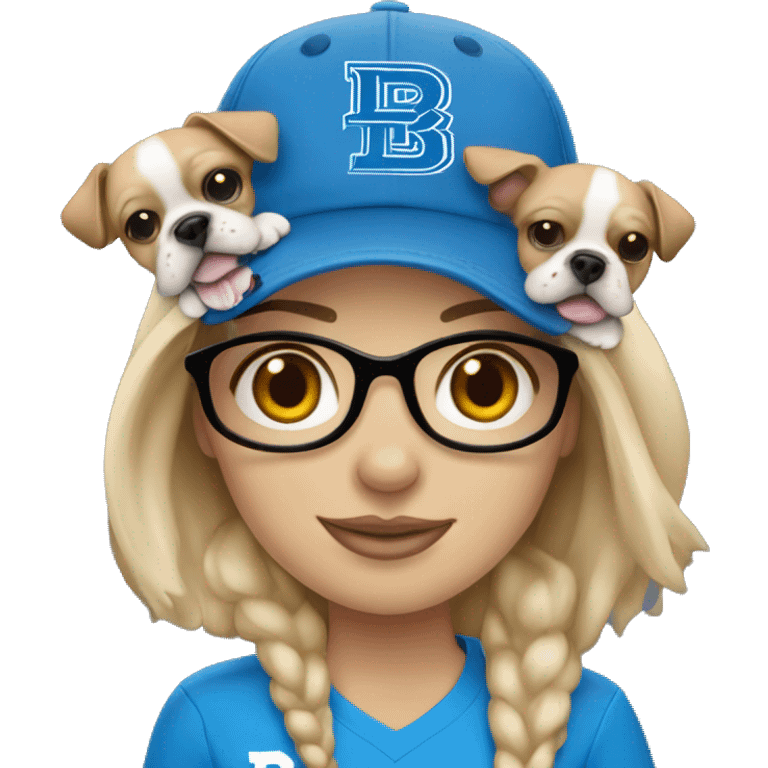 A blonde haired girl wearing a Detroit Lions hat and holding a Boston terrier emoji