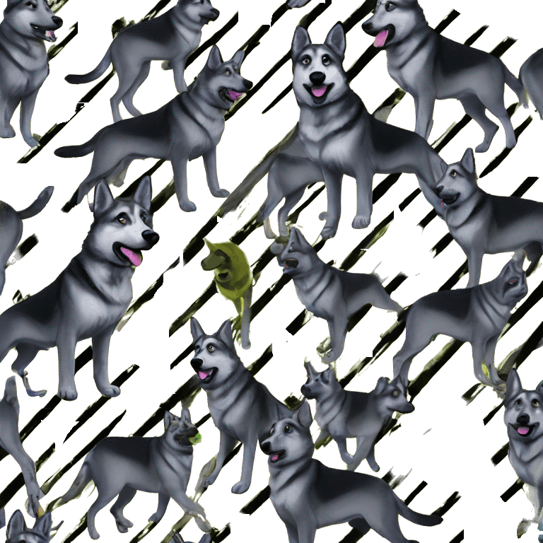 .Zombie_ Vaporwave black holographic oilslick zombie German shepherd dog yellow caution tape graffiti neon yellow stripes emoji