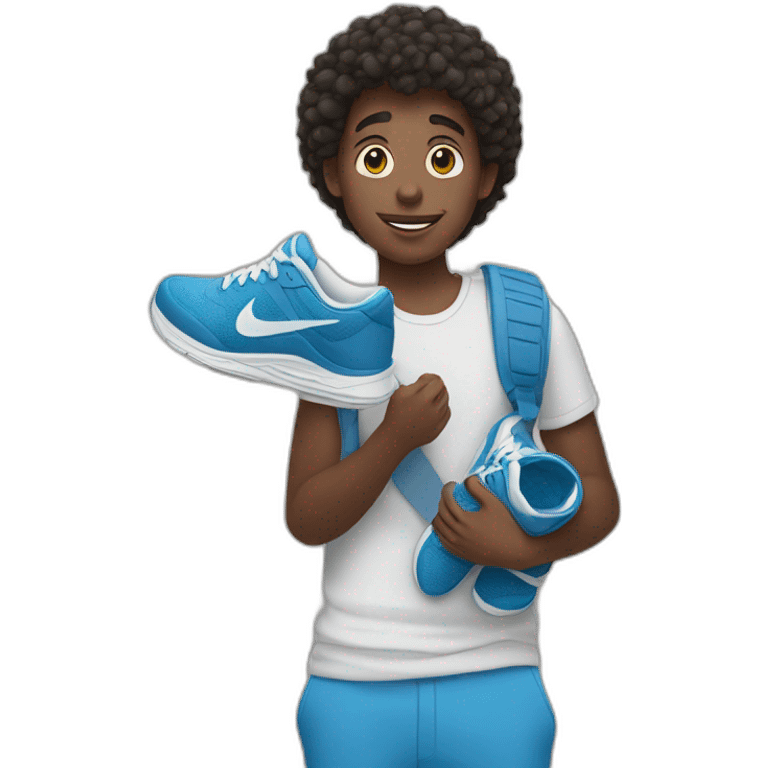 blue skin boy holding nike sneakers in hand emoji