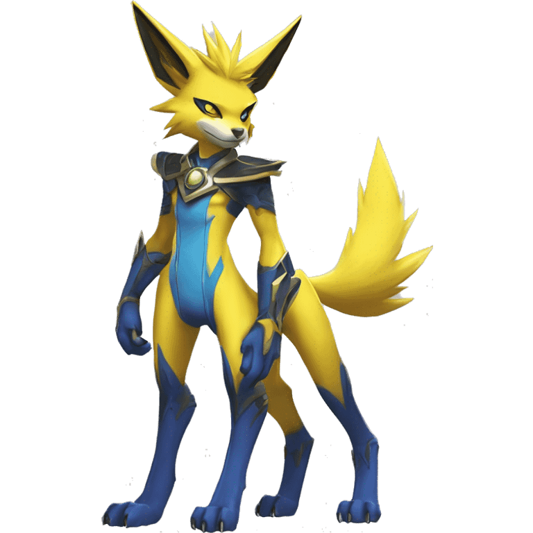 Yellow Anthro Edgy Cool Sonic-Zeraora-Anubis-Renamon-Jolteon-Pokémon-Fakémon with shiny blue markings Full Body Detailed High Quality  emoji