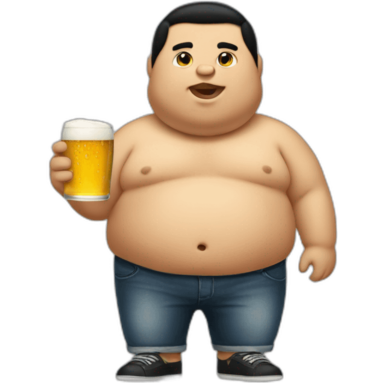 Fat boy with black hair drink beer emoji