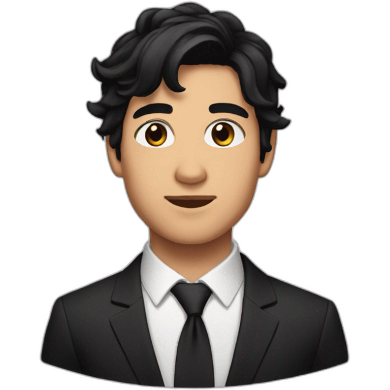 young man with black hair and brown eyes and a black suit and hair to the left emoji