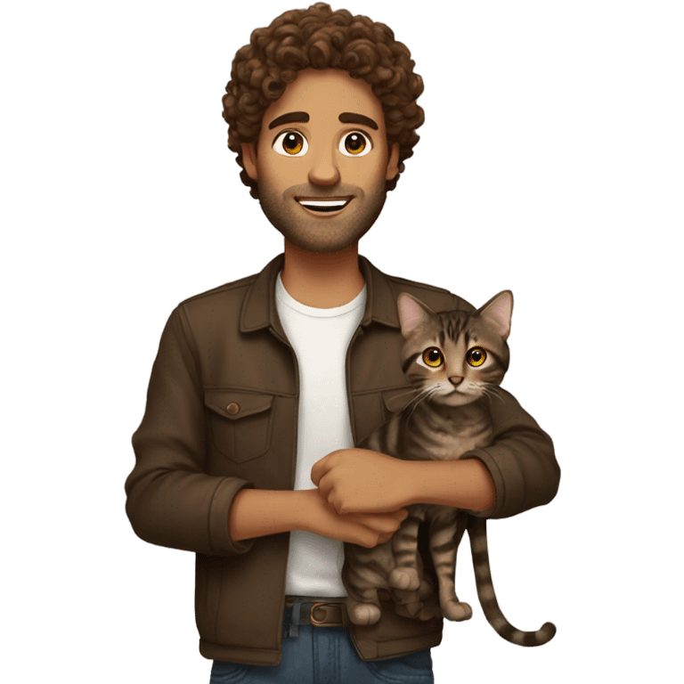 Man with brown curly hair holding dark brown tabby cat emoji