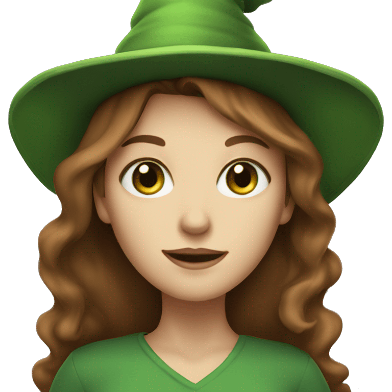 WHITE woman WITH BROWN HAIR, GREEN EYE AND green witch HAT  emoji