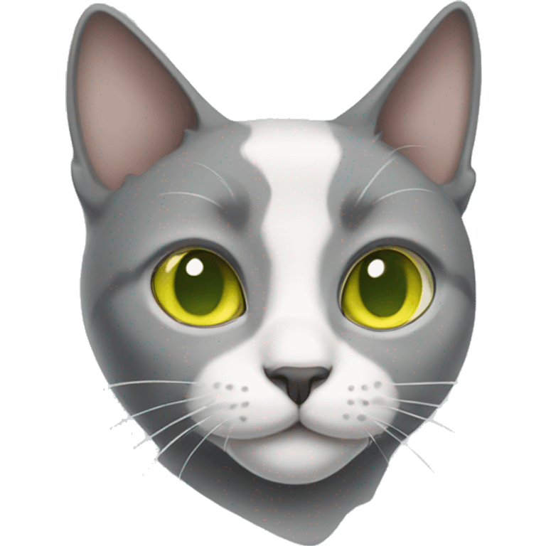 Gray-white cat with yellow-green eyes and a gray nose emoji