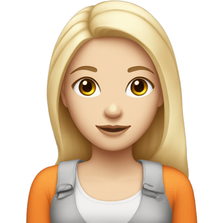 white girl with blonde hair grey eyes holding a orange cat emoji