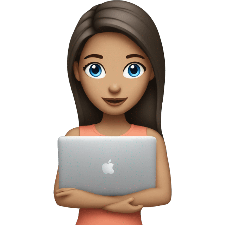 A brunette girl, blue eyes, works on a MacBook emoji