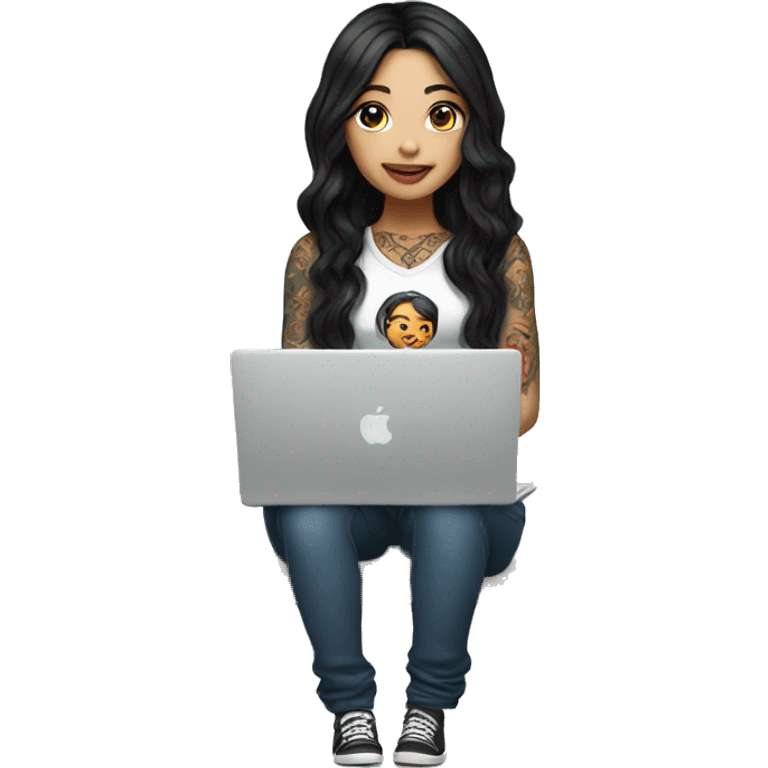 beautiful girl with tattoos, with long black hair, wavy hair, chinese, with laptop emoji