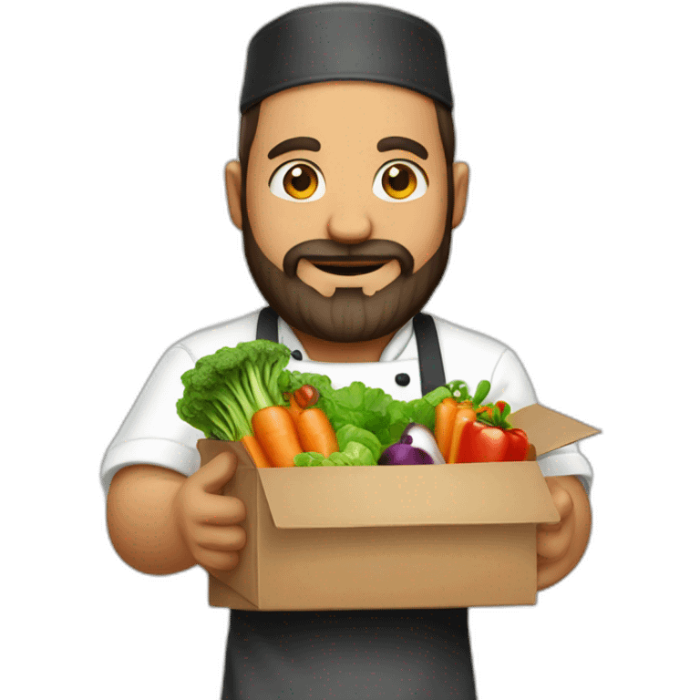 A CHEF WITH A SURPRISE BOX full of vegetables with no hat chef and a beard emoji