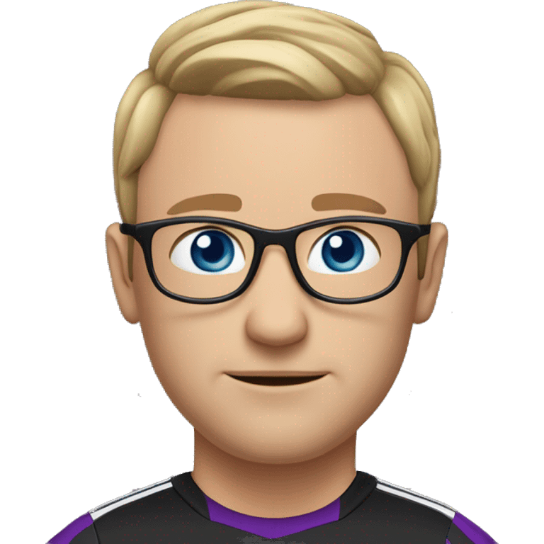 45-year-old man with a slightly round face, very short, short hair with a small central crest and a slightly receding hairline. He has blue eyes, subtle stubble, and wears a black and purple soccer jersey and rounded glasses emoji