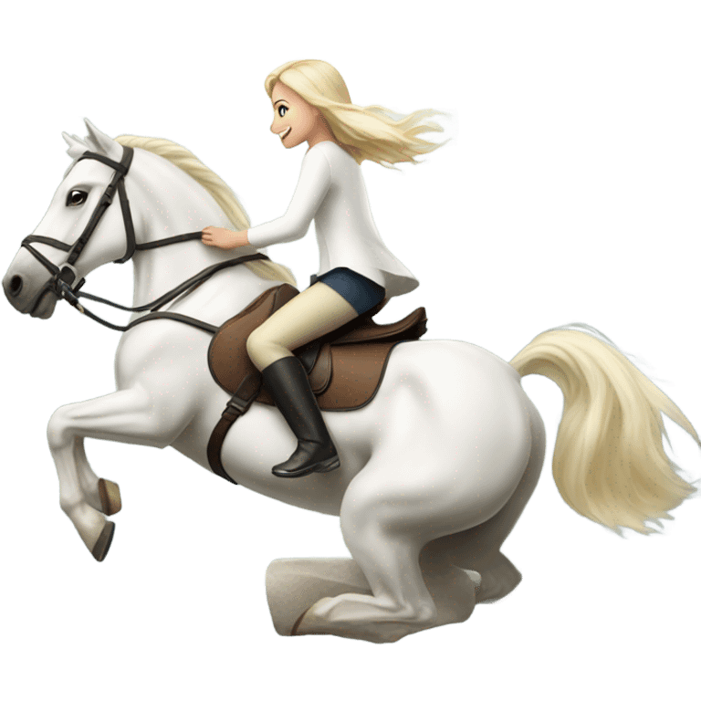 Blonde girl riding a white horse jumping over a jump emoji