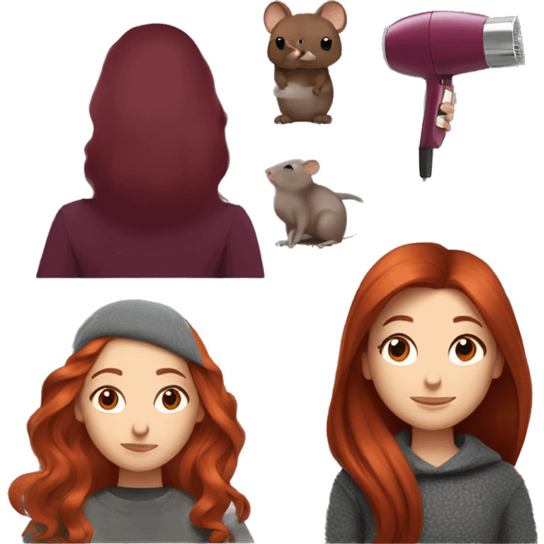 redhead girl with long hair and Dyson styling in a burgundy sweater and a grey rat on her shoulder emoji