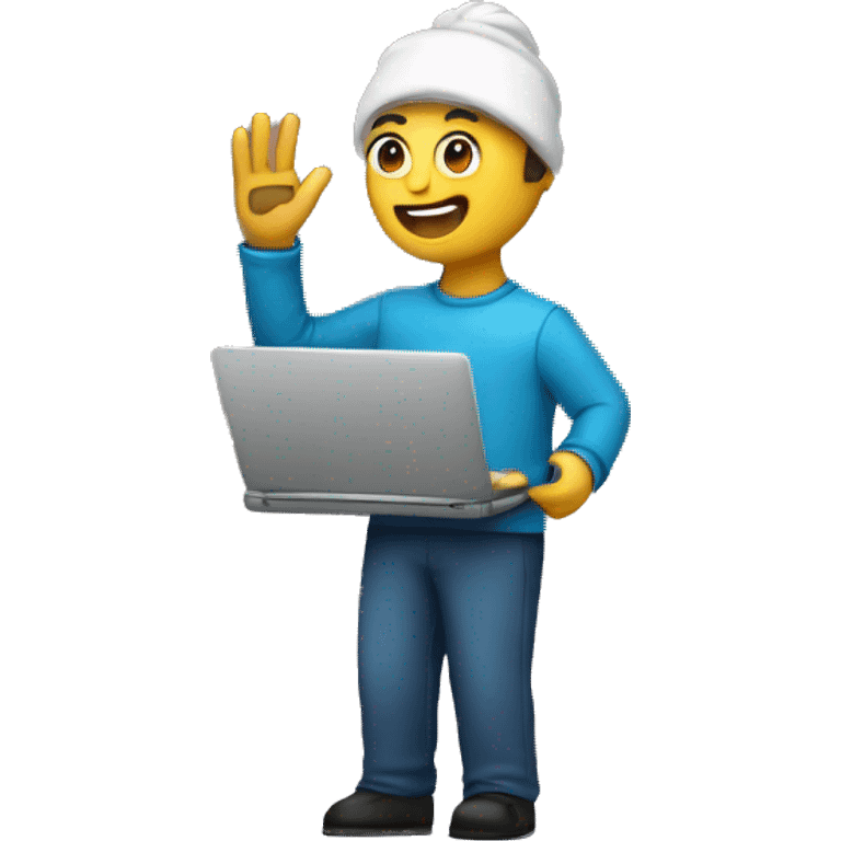 coder taking laptop and waving hi emoji