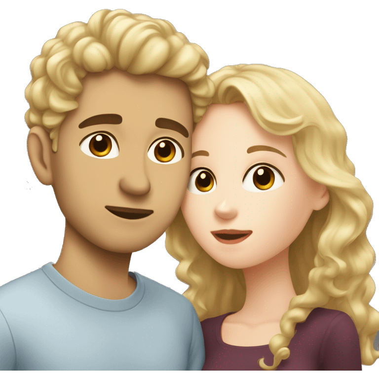 A blonde girl with pale skin kisses a light-skinned brown guy with curly black hair emoji