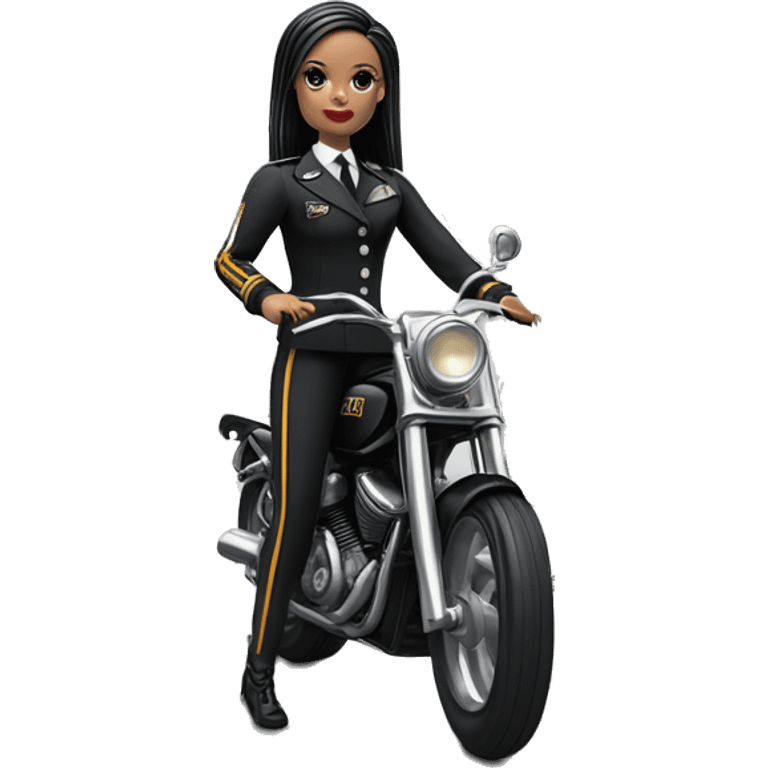 Jeffery New York Lingerie Barbie, Wednesday Addams from academy in vertically-striped dark-gray and black officer’s uniform. Leaning back at the hips, riding a wheelie on a hot rod bike emoji