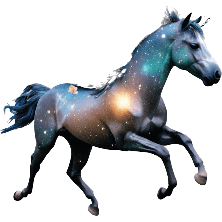 Ethereal zebra newspaper cutting flowers graffiti magazine collage glittering iridescent rich chestnut brown blue mane horse galloping through constellations and nebulas, unicorn Pegasus emoji