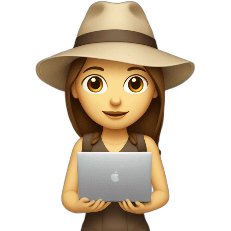 white skin, Girl with a hat, brown hair straight to the shoulders, holding a laptop emoji