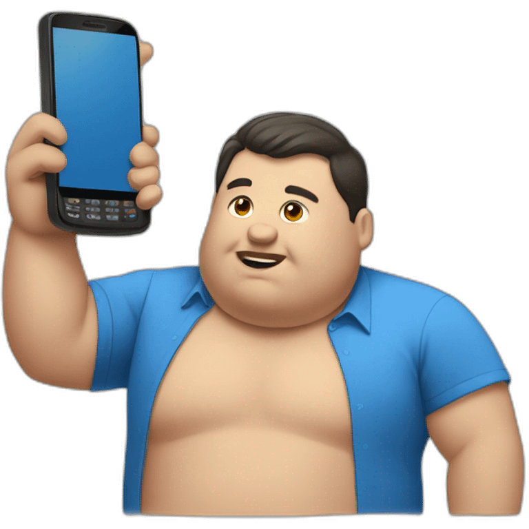 fat man in a blue shirt holding a phone emoji