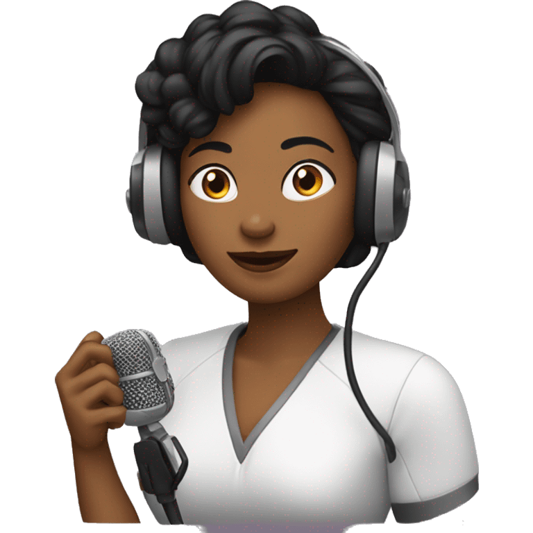 Una mujer negra hablando con un microfono como si fuera un podcast emoji