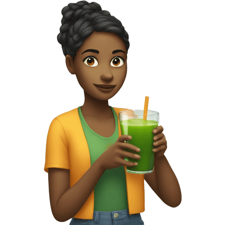 a girl holds a glass with orange juice in one hand and a green juice in another hand emoji