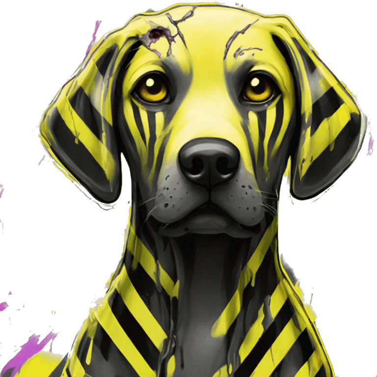 .Zombie_ Vaporwave black holographic oilslick zombie yellow Labrador zombie dog yellow caution tape graffiti stripes yellow and black stripes emoji