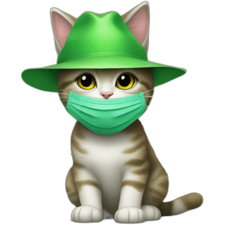 kitten wearing a stanley ipkiss green face mask and wearing a yellow hat from the film the mask emoji