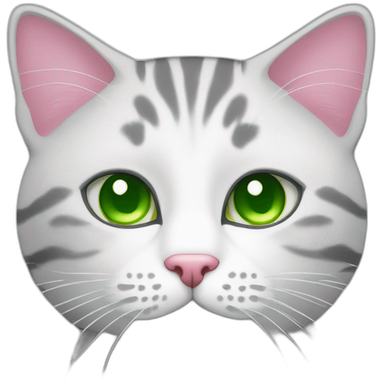 White and grey tabby cat with green eyes and pink nose emoji