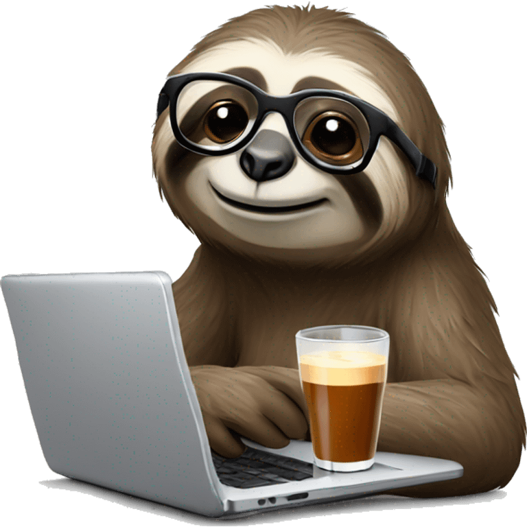 tired sloth wearing glasses with laptop and espresso tonic emoji