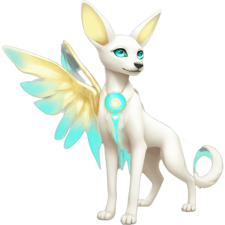 Shiny White Angelic Godly Ethereal Electric Albino Umbreon. cyan eyes and cyan markings. Golden Anubis-rings. full body emoji