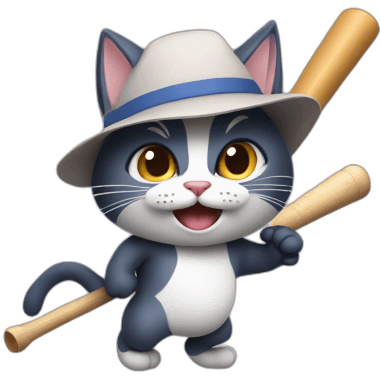 A cat wearing a silly hat, swinging meacingly a baseball bat emoji