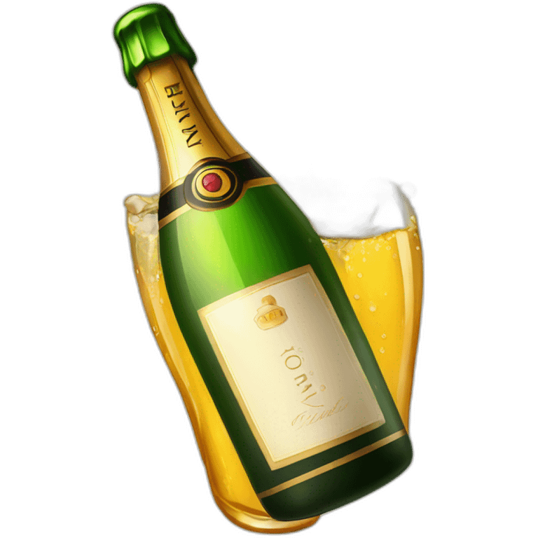 champagne bottle with popping cork popping and dripping wine and foam emoji