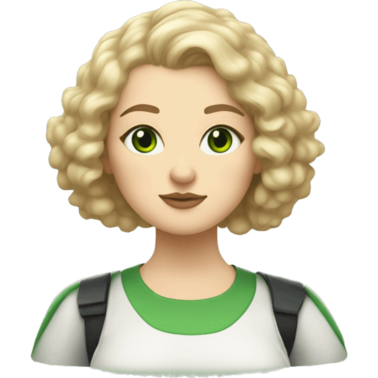 Blonde, chubby, pale woman with green eyes and curly hair and Star Wars shirt and a tabby cat emoji