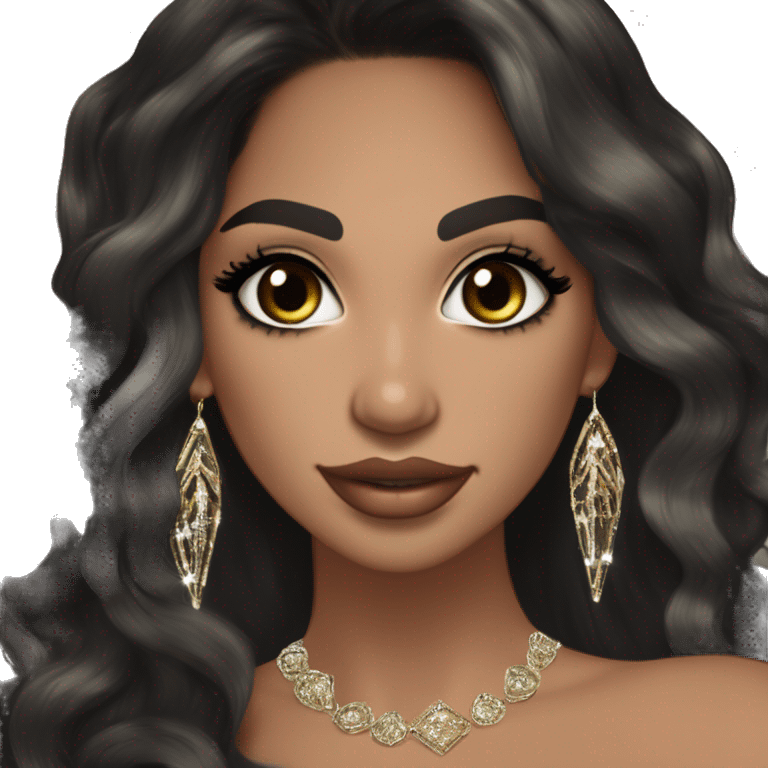 Glamorous, cocktail dress, black balayage hair, long wavy hair, olive skin, brown almond eyes, winged eyeliner with big lashes, wearing hooped earrings, rings and bracelets  emoji