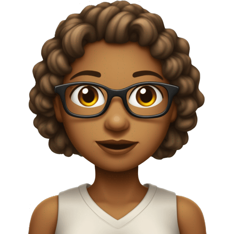 Menina com cabelo ondulado longo , vestindo uma blusa vermelha, com a cor da pele não tão clara, de olhos castanho e óculos  emoji