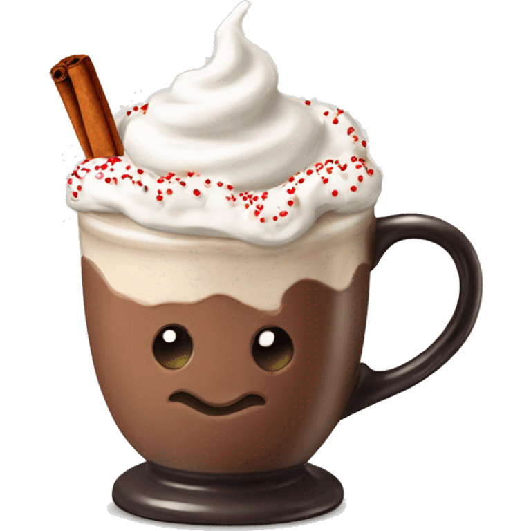 Decorated Christmas mug of hot chocolate with whipped cream and cinnamon emoji