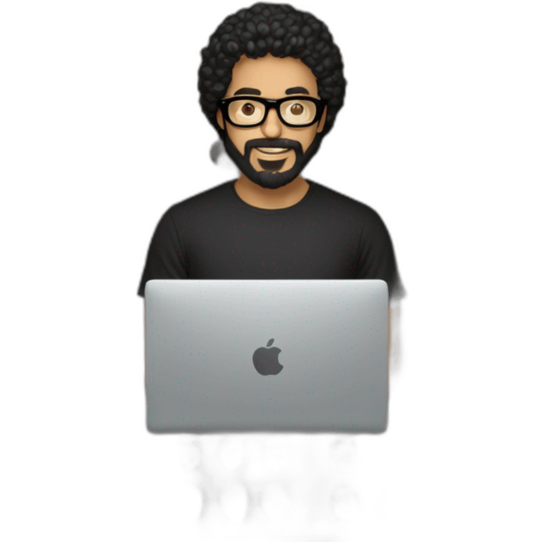 men with black curly hair and beard and golden glasses in black t-shirt work on computer emoji