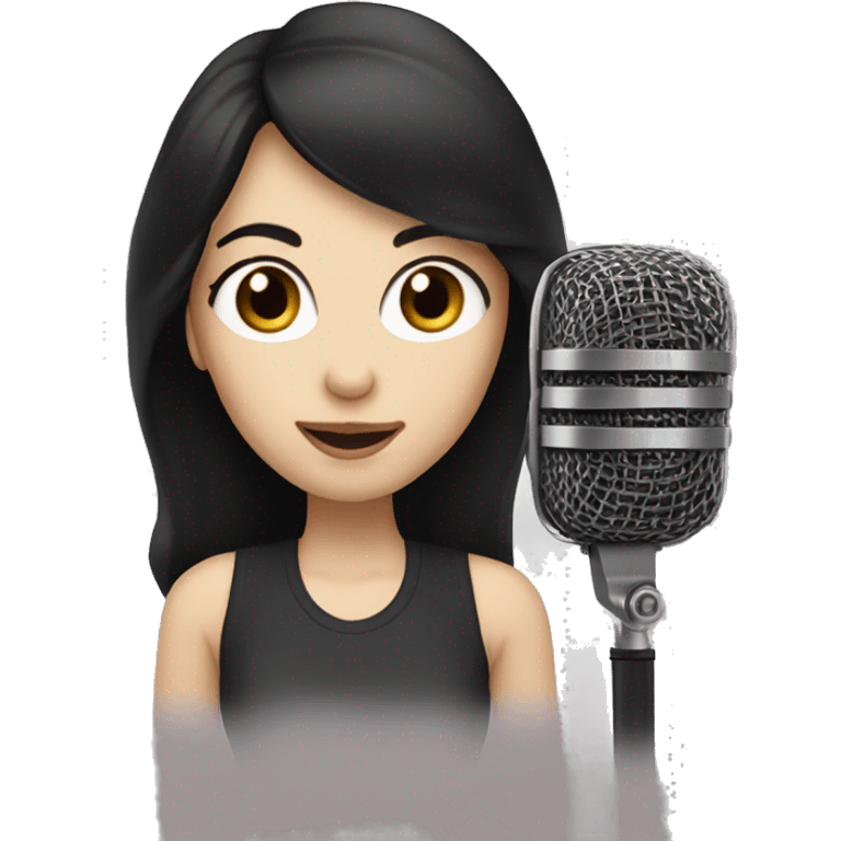 a woman with long black-brown hair, hazel eyes, pale skin, singing into a microphone emoji