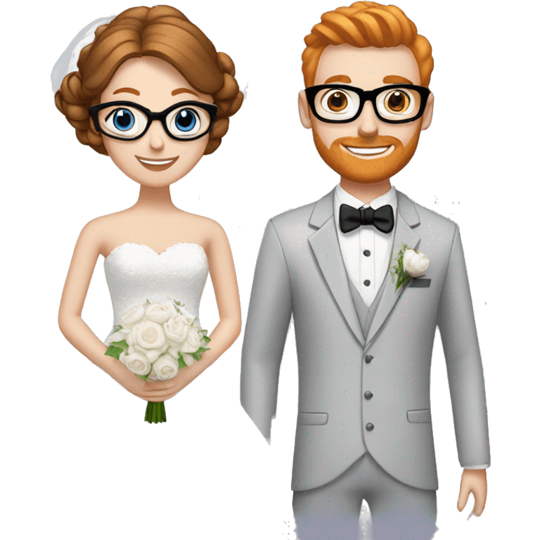 A bride and groom. Bride has brown hair in a bun, blue eyes, wears a lace dress. Groom has ginger hair, wears black glasses emoji