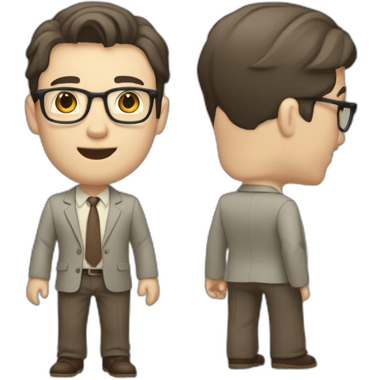 Full height Actively Gesturing Pale skinned fit man with dark brown hair in gray jacket, beige office shirt, brown tie, brown pants and vintage glasses. emoji