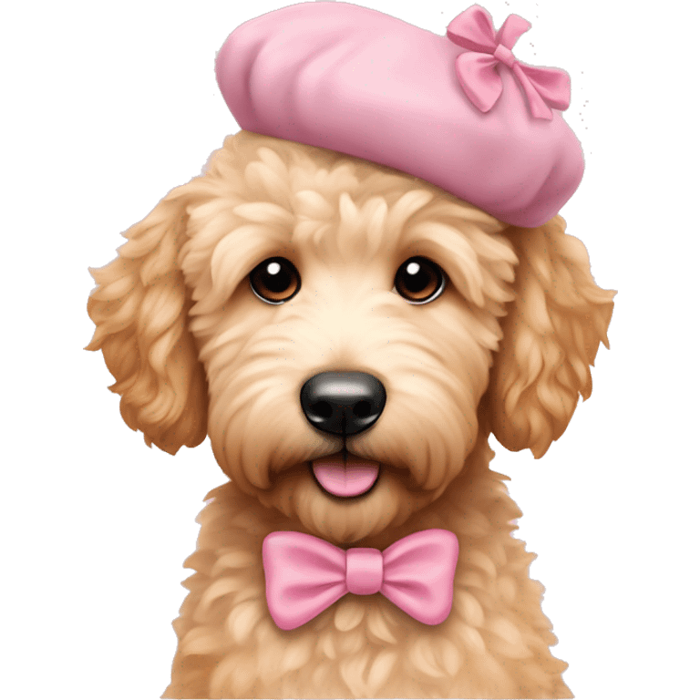 cute fluffy golden doodle with bow and beret in baby pink emoji