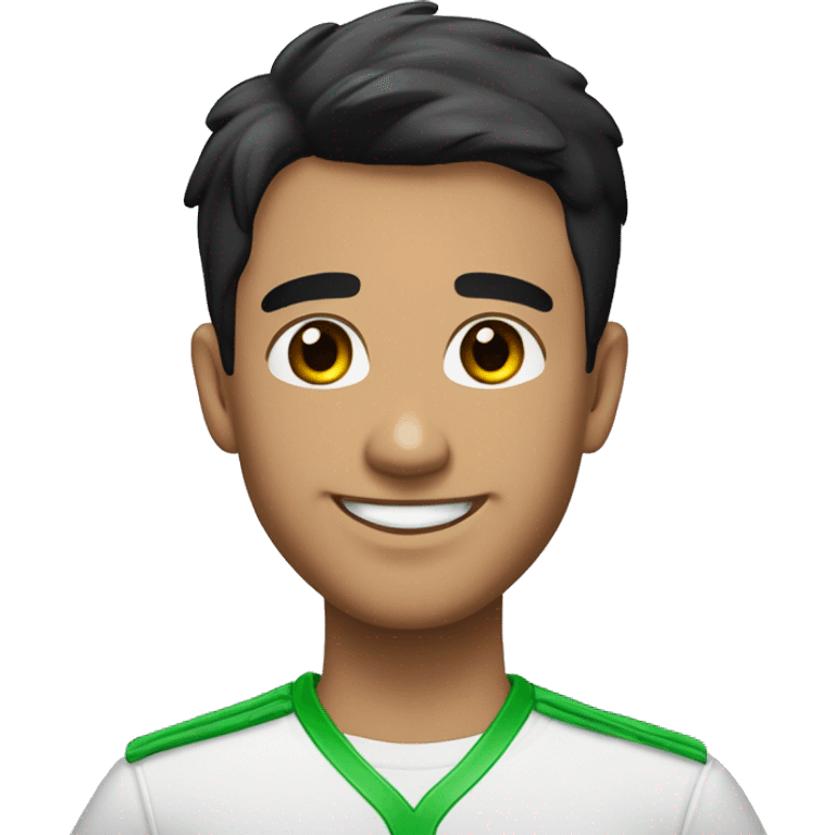 a young man with short dark hair and facial hair. black hair and brown eyes, looking at his left side. He is smiling and wearing a white shirt with a green lanyard or badge. There is a dark background behind him  emoji