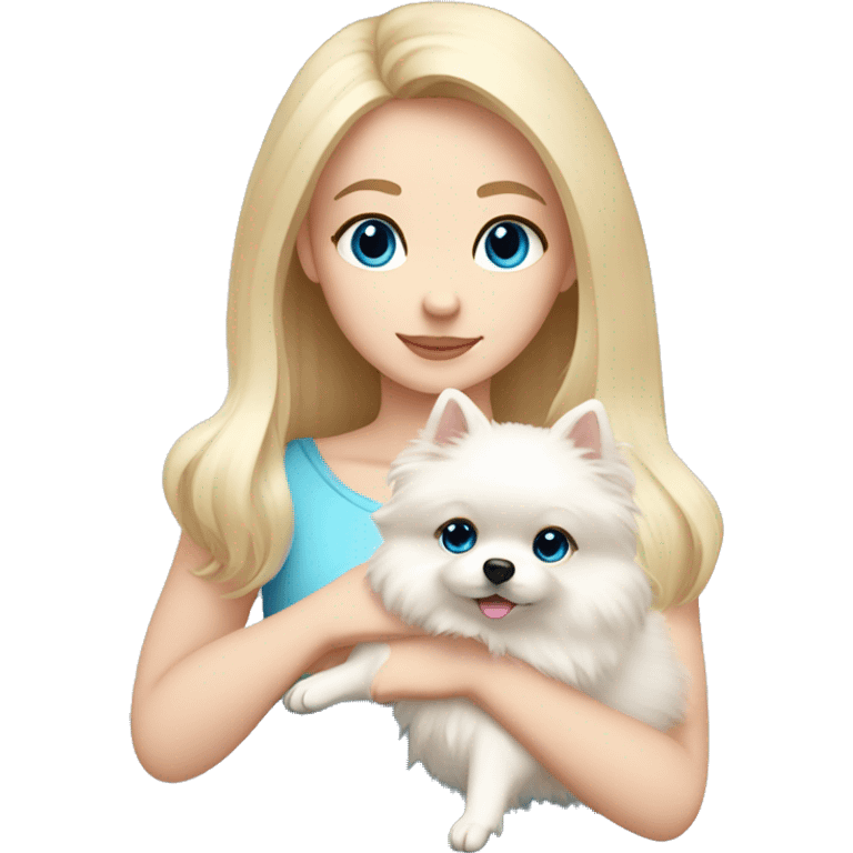 Blond girl white skin blue eyes hugging white Pomeranian with light pink bow emoji