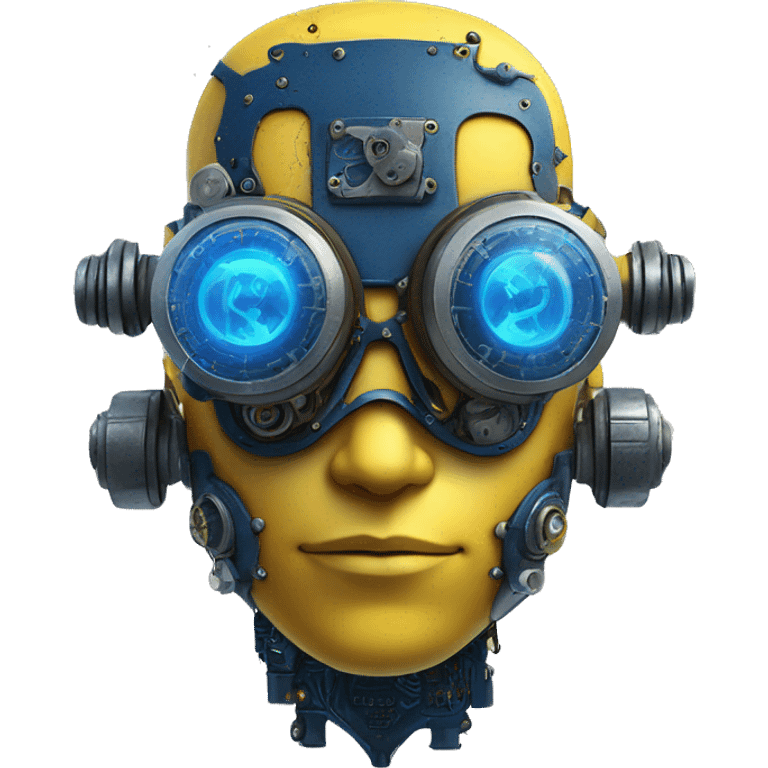 Yellow cyborg head with dark blue steampunk goggles and circuitry emoji