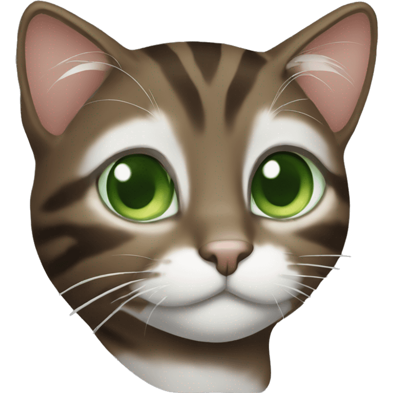 Dark brown tabby cat with Green eyes and white neck emoji