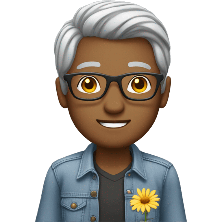 Teacher sitting at desk with a laptop shoulder length grey hair wearing glasses jeans and a flower shirt emoji