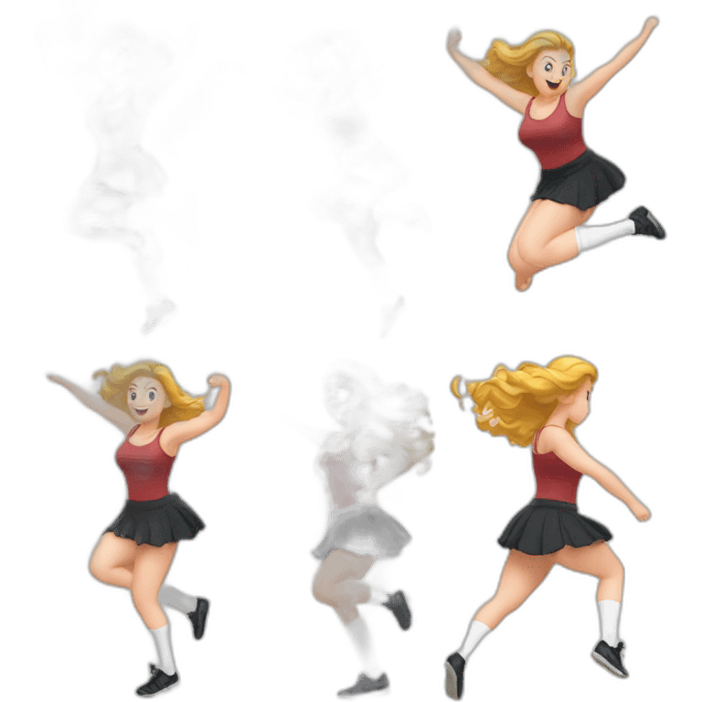 alistic-full-body-caucasian-curvy-beauty-jumping-short-black-skirt-back-and-front-views-strong-wind-knickers-long-white-socks emoji