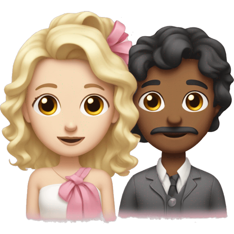 White mom with long wavy black hair next to dad white with short blonde hair watching baby white with pink bow in her hair  emoji