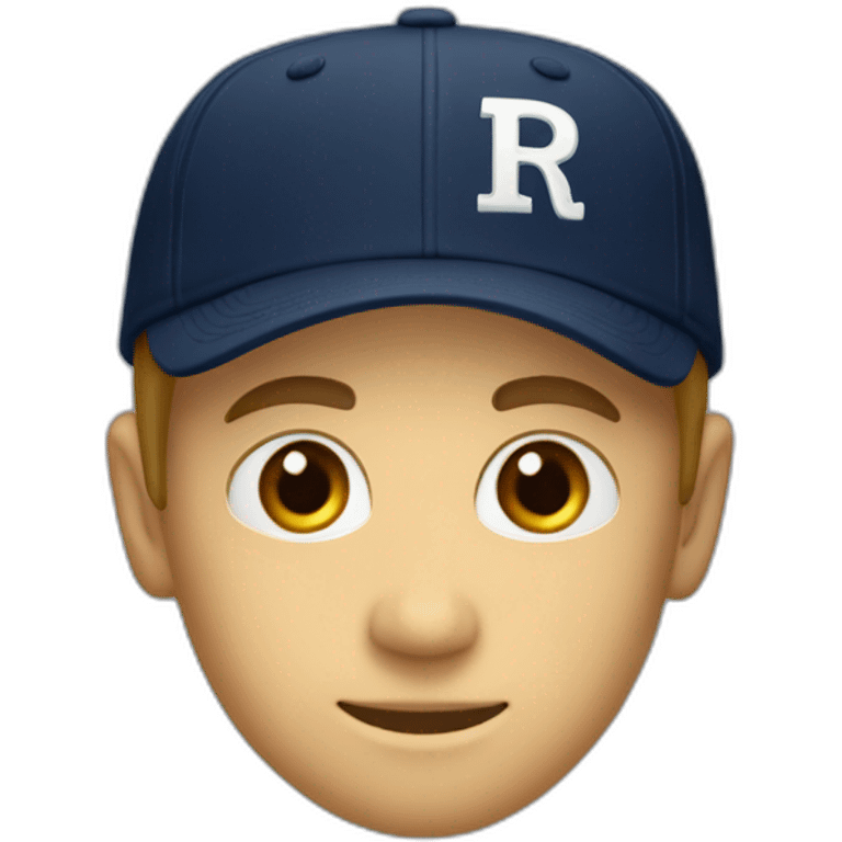 a navy baseball cap with a small white letter R on the front emoji