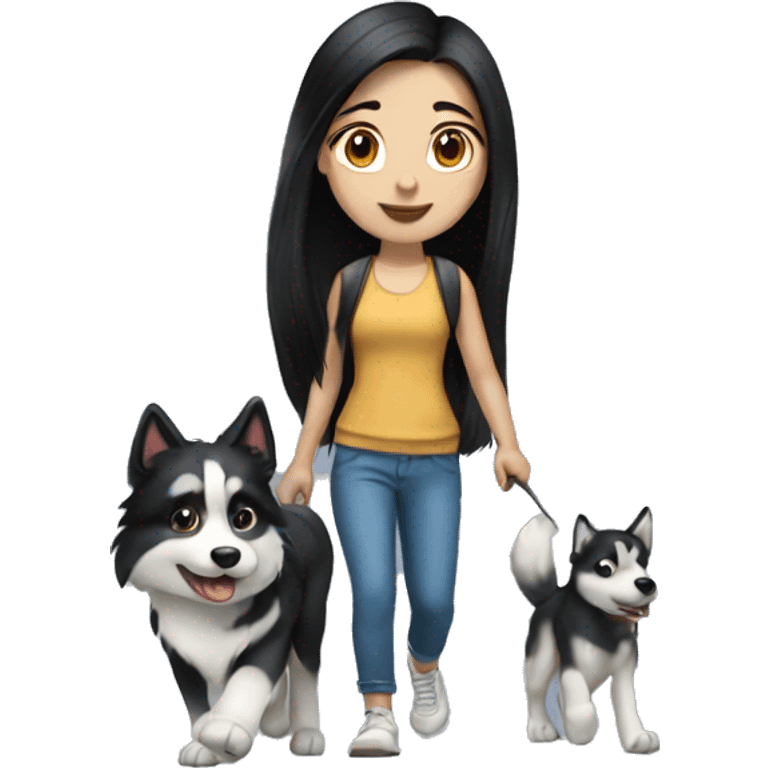 Long black hair pale girl walking husky dog emoji