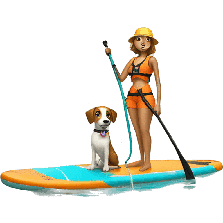 stand up paddle board with girl and dog in life jackets  emoji